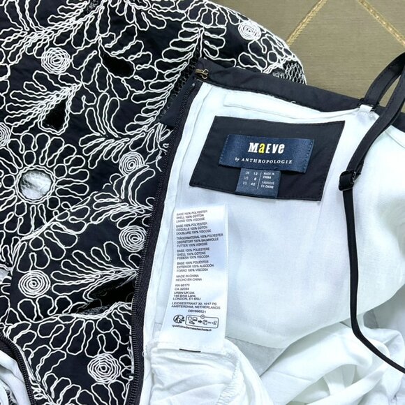 Anthropologie Maeve Dress Midi Strapless Embroidered Black White Floral (8) - Picture 8 of 12
